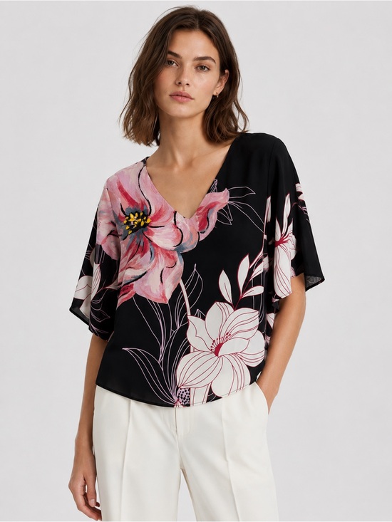 White House Black Market Tops - NWT White House Black Market Black Floral V-Neck Flutter Sleeve Blouse